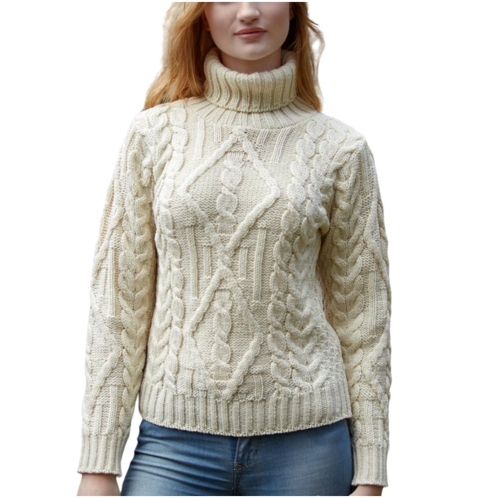 Inis Irish Turtleneck Sweater white cream wool S small XS fisherman cable fitted